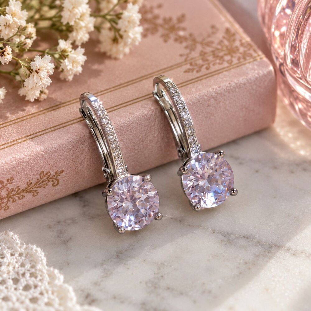 Silver Tone Crystal Leverback Earrings, Clear Rhinestone Drop Earrings